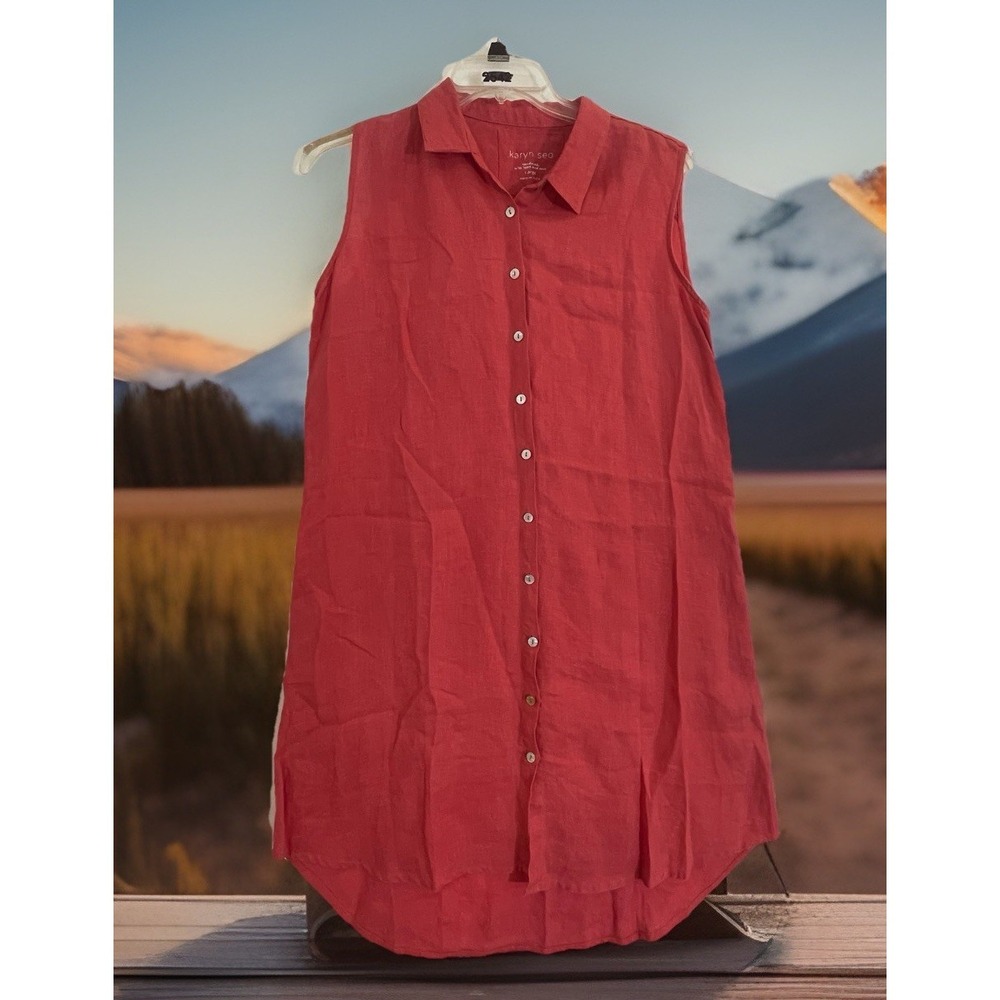 Karyn Seo Dress Womens Sz L Coral / Pink Sleeveless Button Up Linen Summer Shirt